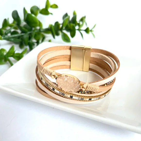 Boho Quartz Leather Wrap Twist Bracelet - Picture 2 of 8